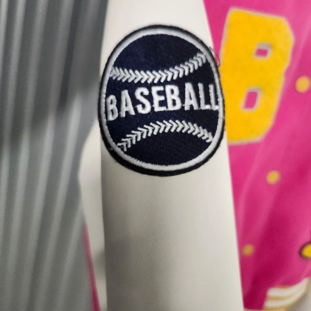 Daisy Hot Pink and White Varsity Jacket with Yellow Details - Picture 3 of 5